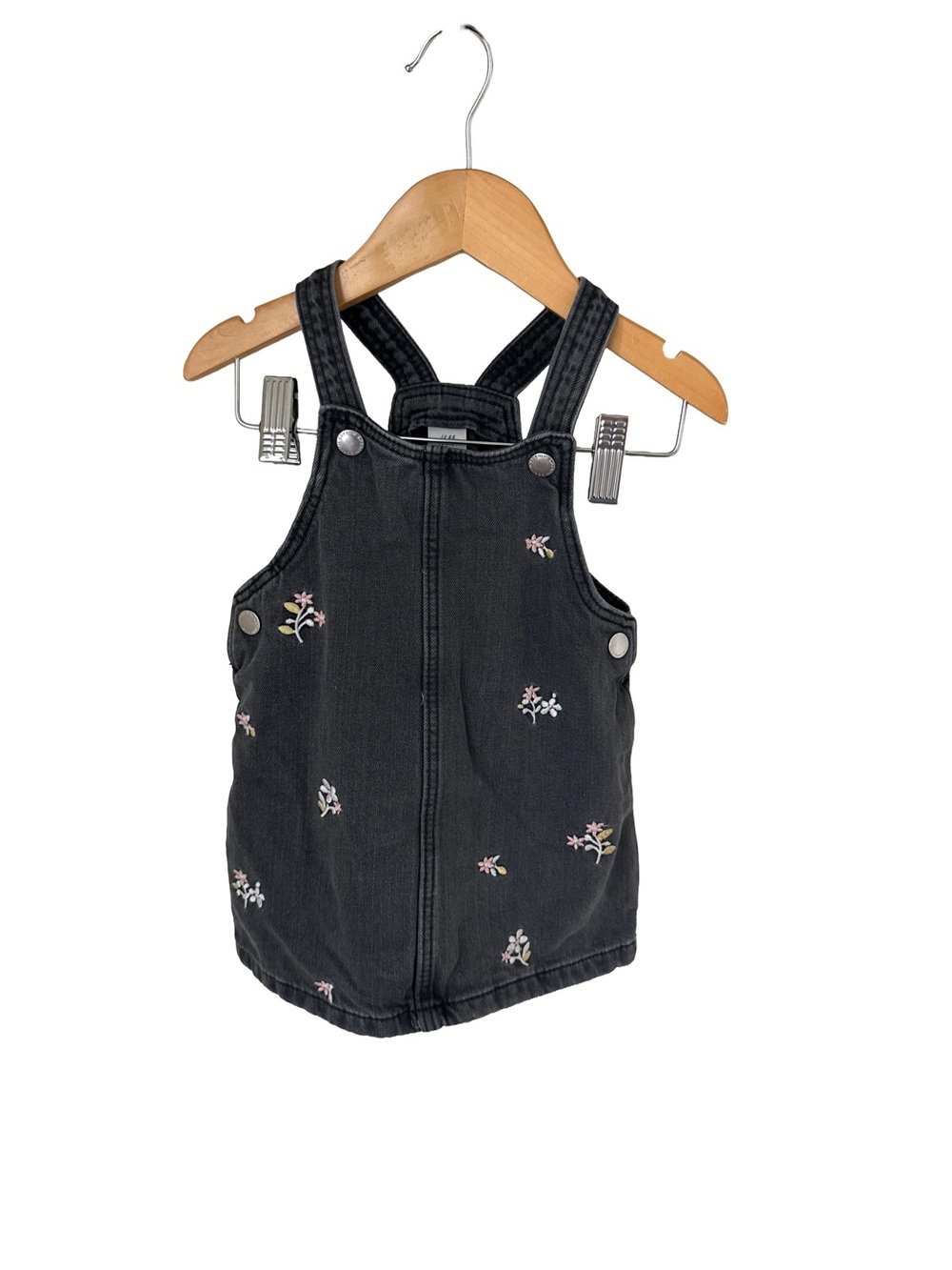 H&M Black Denim Jumper Dress with Pink & White Floral Embroidery